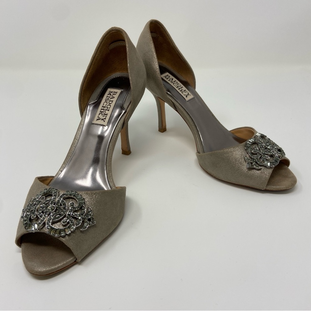 Badgley Mischka Open Toe Pumps women formal suede taupe heels Size 7M